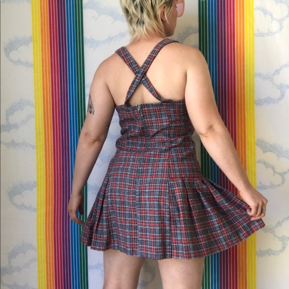 Y2K red black plaid pleated skater dress trendy - Picture 4 of 9